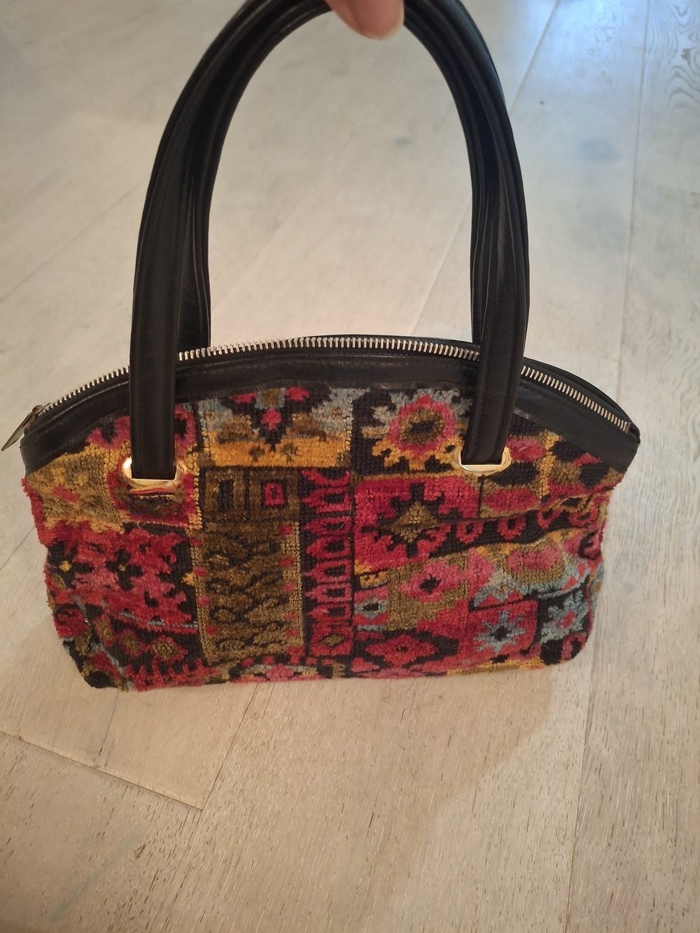 Vintage Patterned Needlepoint Tote with Black Handles